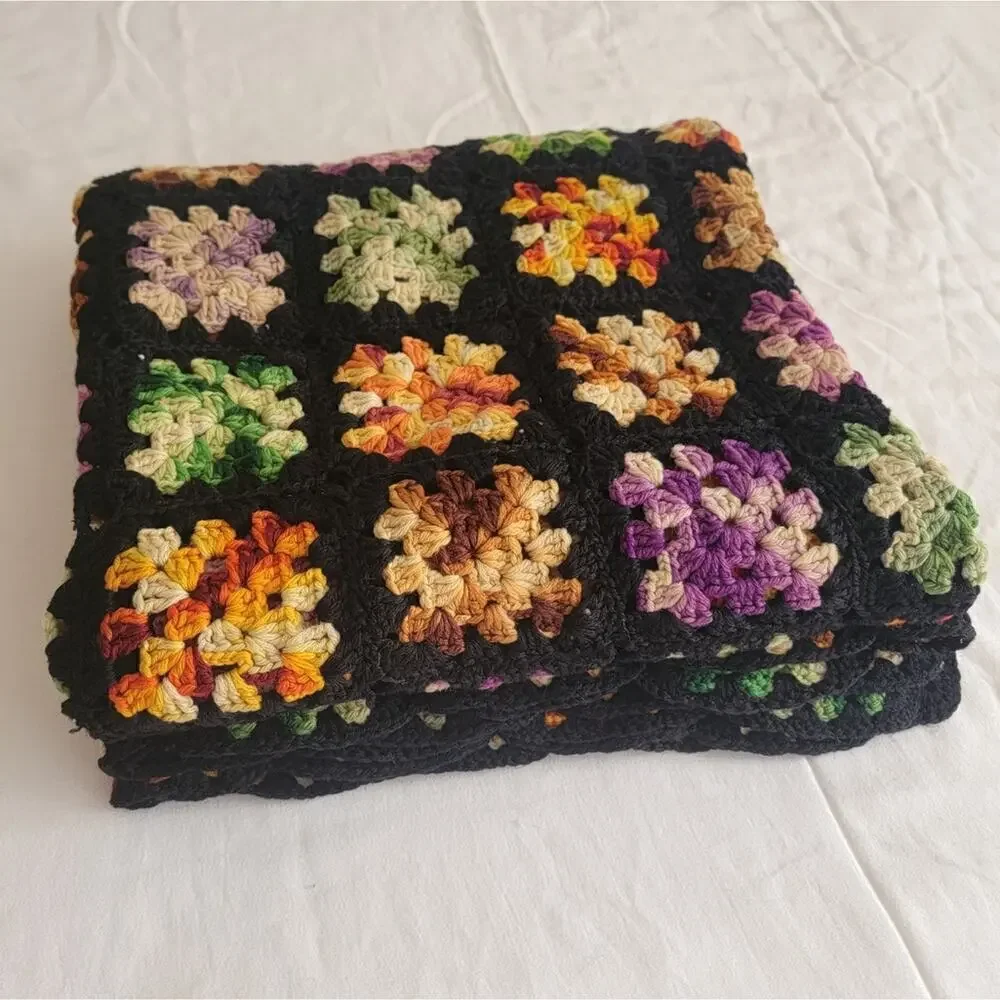 Vintage Handmade Granny Square Crochet Blanket 59.75
